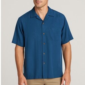 Tommy Bahama Men's 100%‎ Silk Camp Shirt Blue Palm Leaf Pattern Short Sleeve L